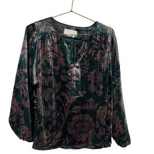 Anthropologie Faustino Velvet Peasant Blouse Size XSP Floral Dark Cottagecore